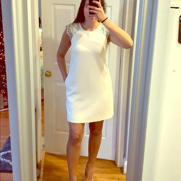 J Crew Cap Sleeve Cream Black Edged Lace Dress - Picture 2 of 7